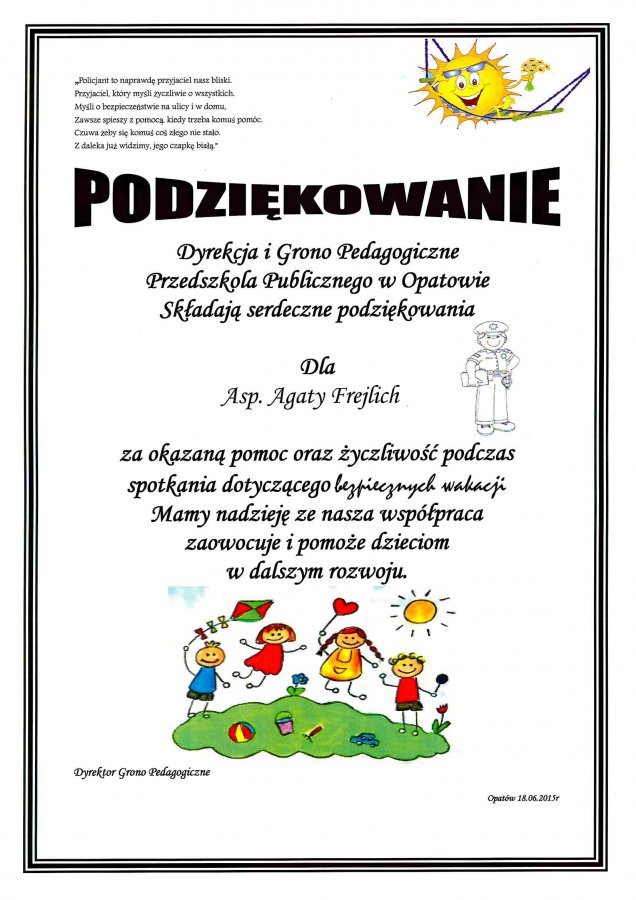 Podziękowania Dla Dyrektora Przedszkola Wzór Bezpieczne Wakcje - Podziekowanie od Przedszkola Publicznego w Opatowie